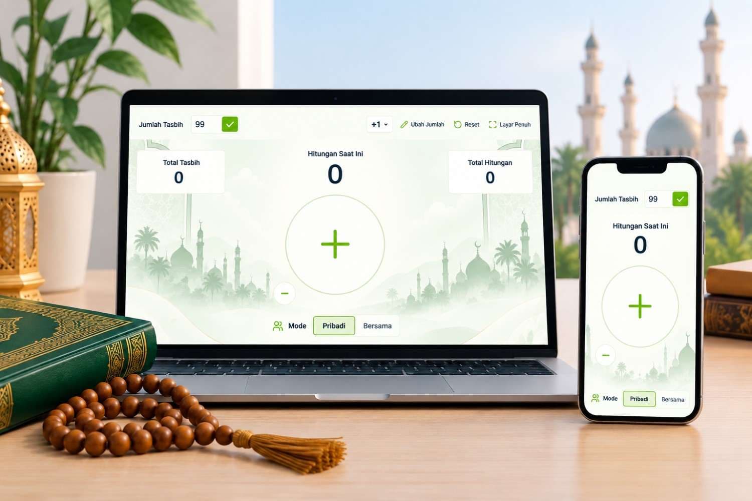 Tasbih digital Smooli yang menampilkan jumlah hitungan per tasbih, hitungan saat ini, total tasbih, total hitungan, serta mode Pribadi atau Bersama.
