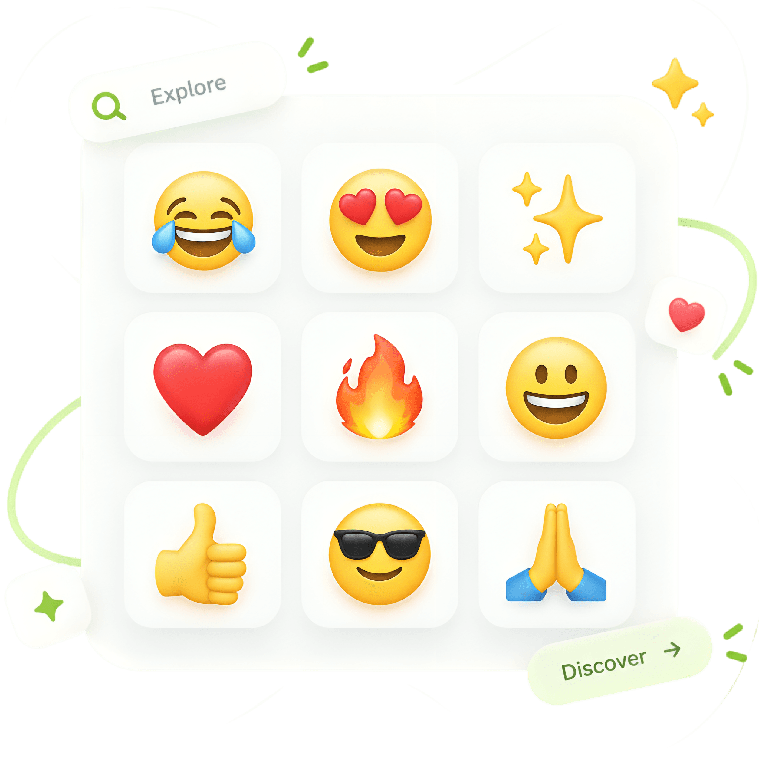 A cheerful emoji surrounded by expressive emoji symbols